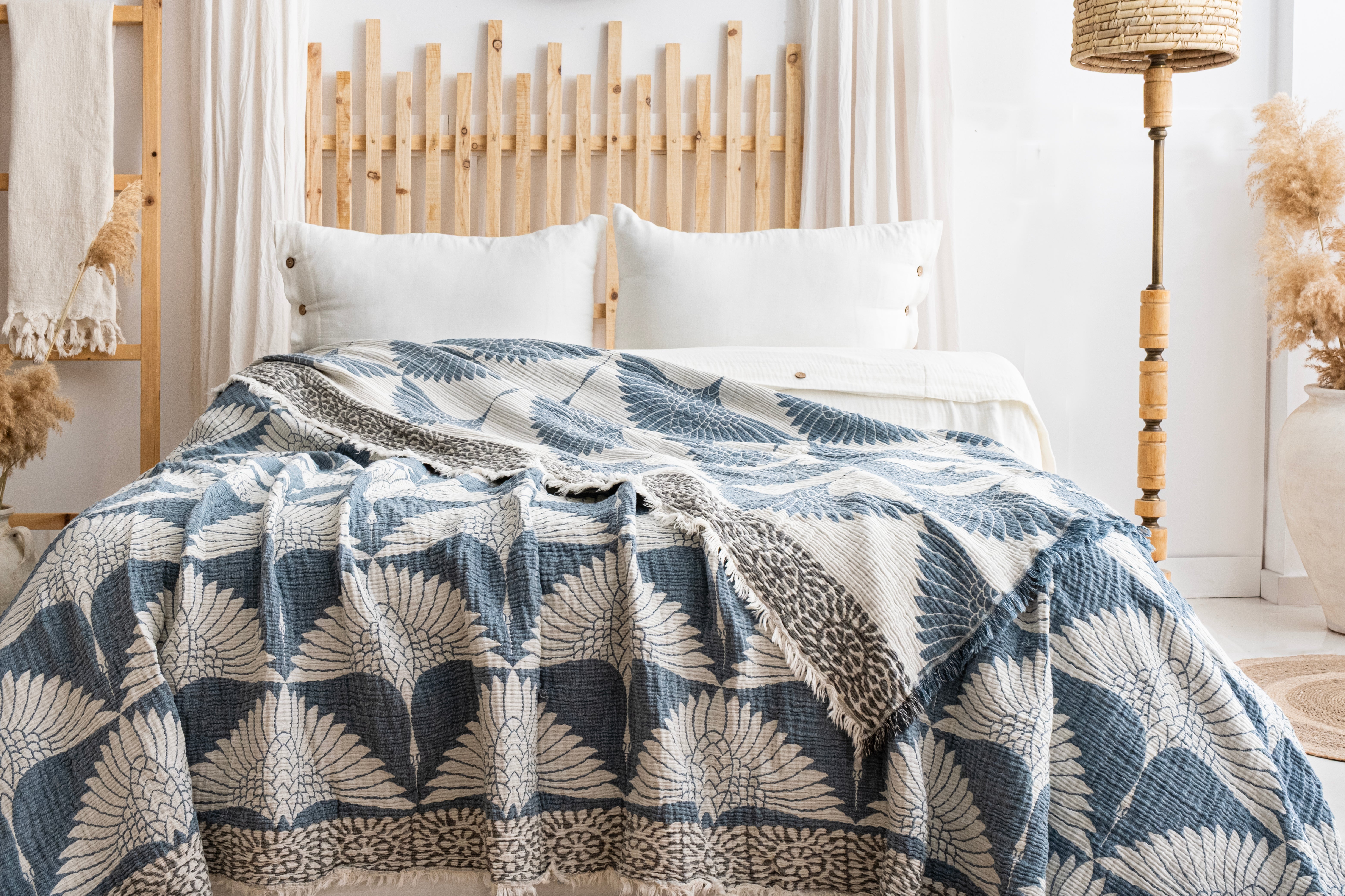Crane Muslin Bed Blanket Teal product photo from Turkanhome