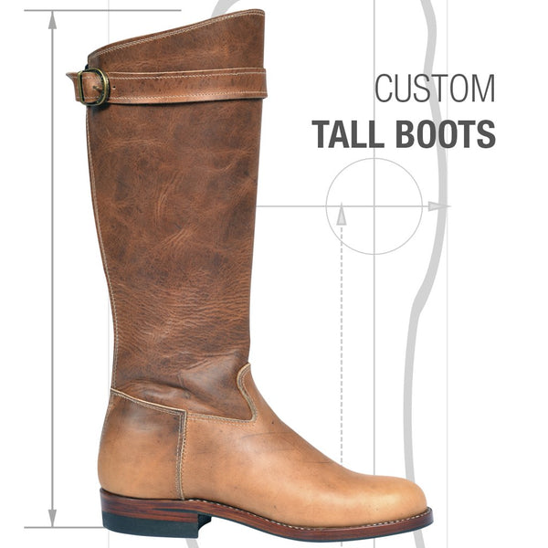 Custom tall brown leather boots for cosplay, wide calf friendly, handmade Goodyear welt construction product photo from Atitlan Leather