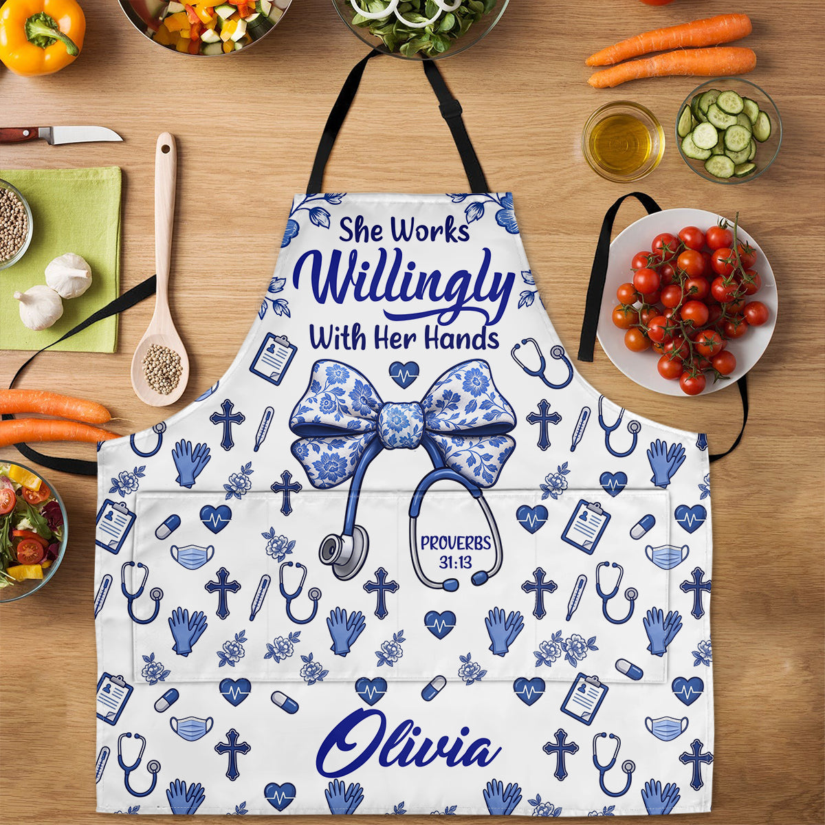 She Works Willingly With Her Hands | Personalized Apron With Pocket product photo from Jesuspirit