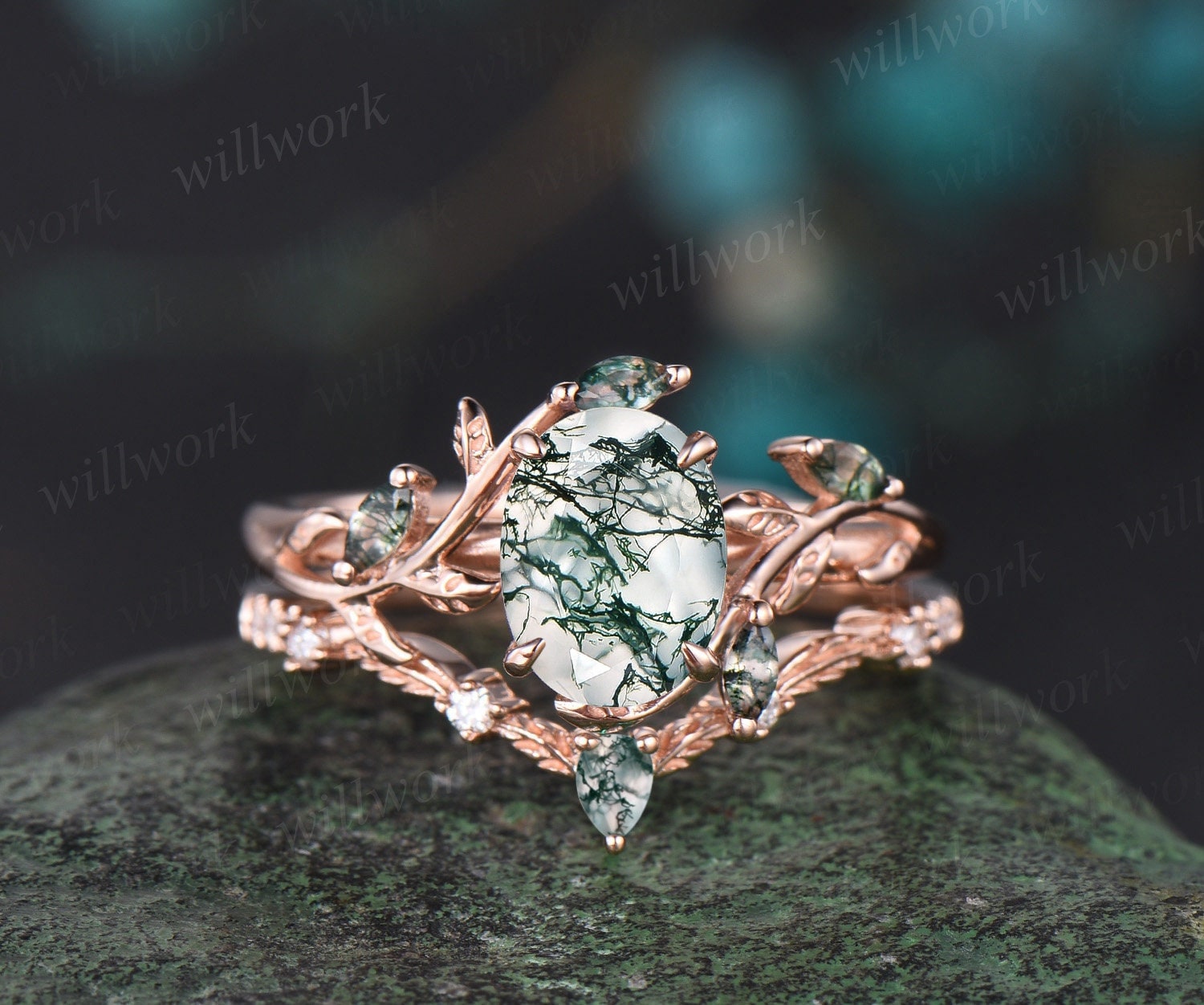 Vintage Oval Cut Green Moss Agate Engagement Ring Rose Gold Art Deco Cluster Leaf Nature Inspired Bridal Promise Wedding... product photo from Will Work Jewelry xx