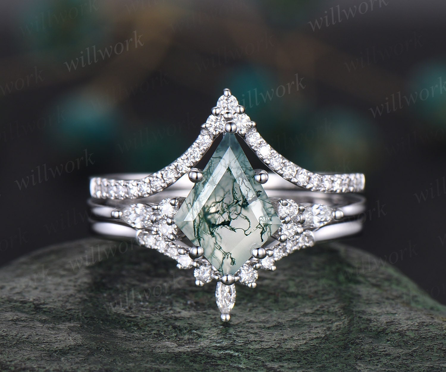 8X11Mm Kite Cut Green Moss Agate Ring Vintage Moss Agate Engagement Ring Set Solid 14K White Gold Art Deco Moissanite We... product photo from Will Work Jewelry xx