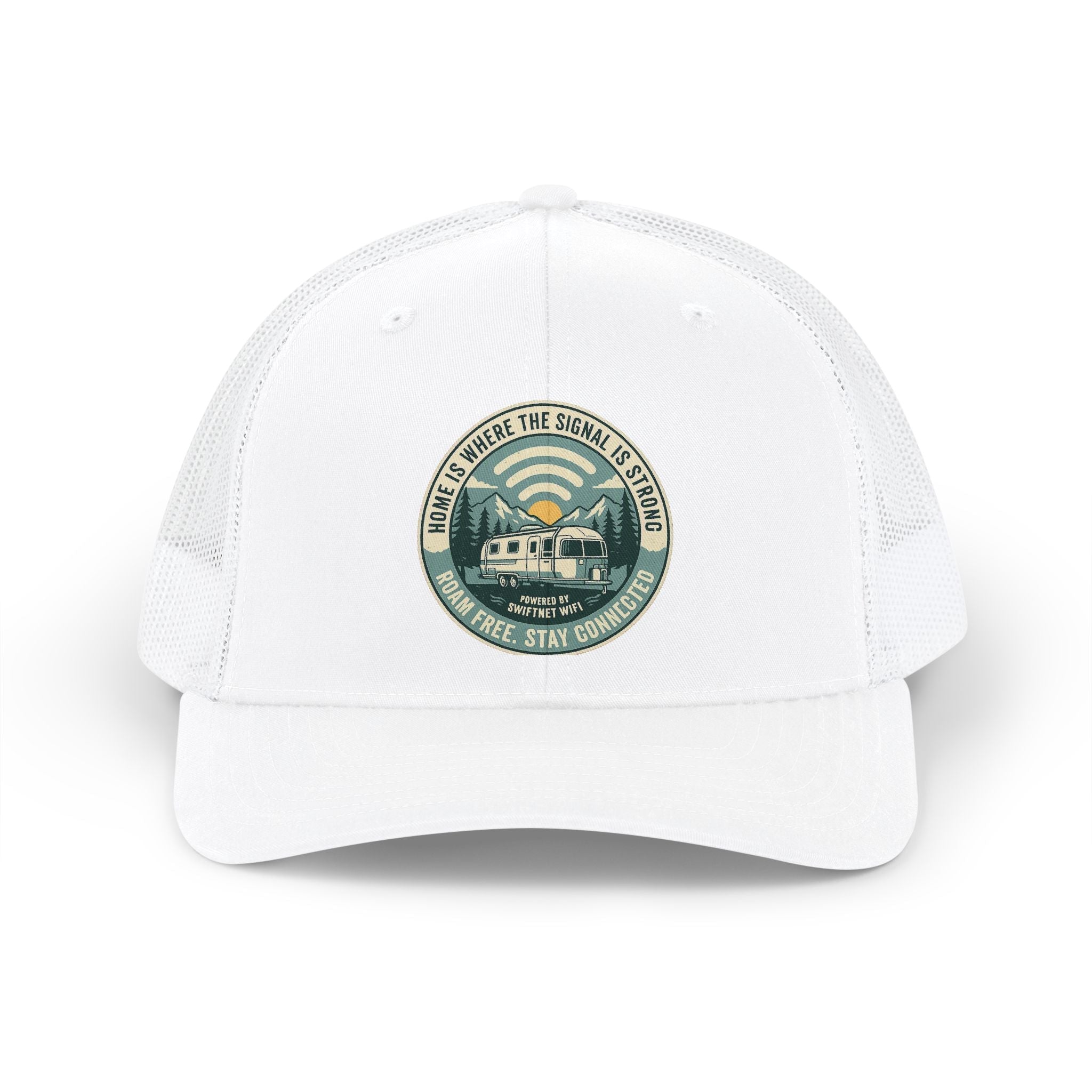 'Where the Signal Is Strong' Trucker Cap — Vintage Camper Patch Snapback, Mesh-Back, RV & Road Trip Gift product photo from Swiftnetwifi