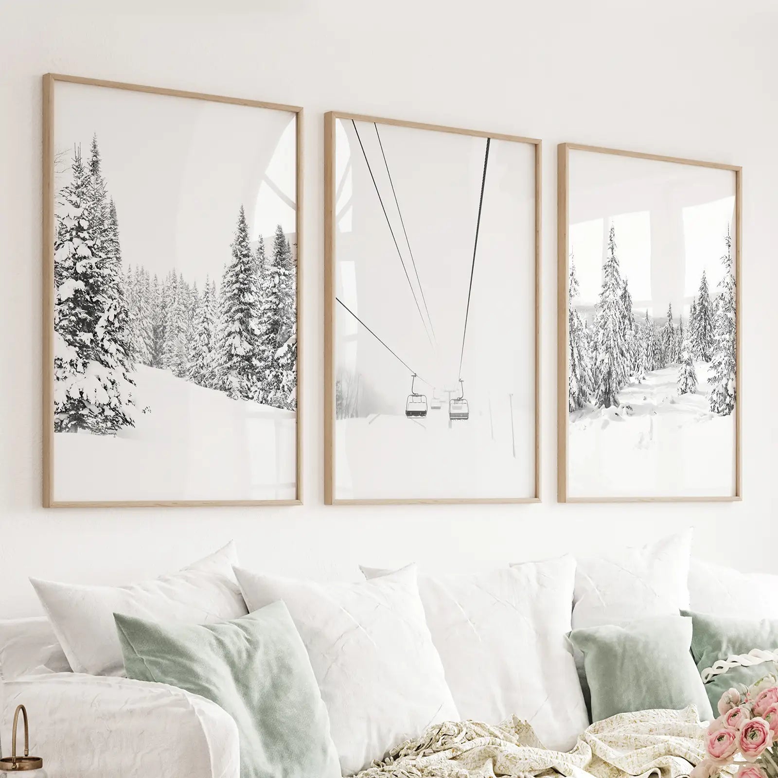 Winter Skiing Black White Wall Art. Ski Lift, Snowy Forest product photo from Wallartset