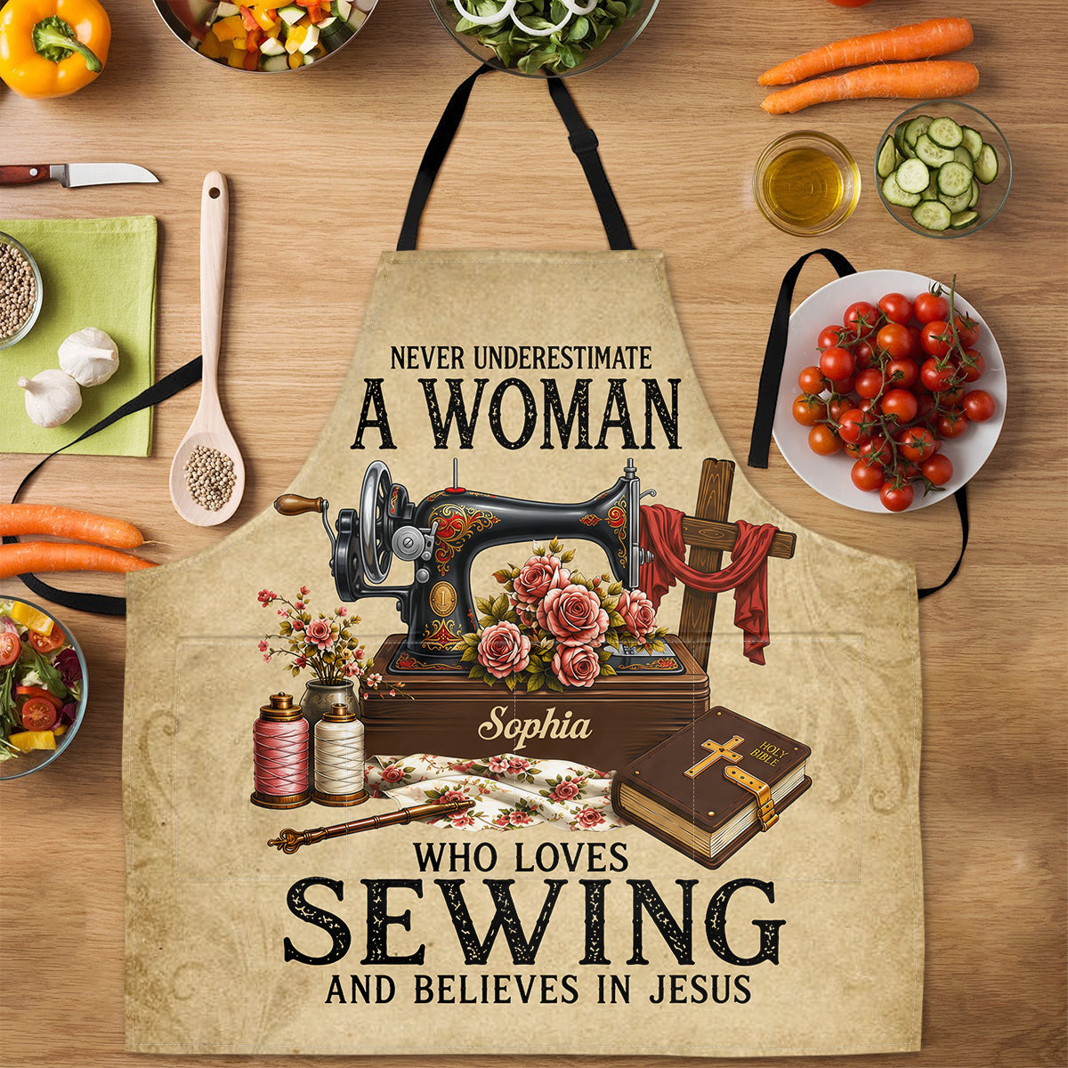 A Woman Who Loves Sewing And Believes In Jesus | Apron With Pocket product photo from Jesuspirit