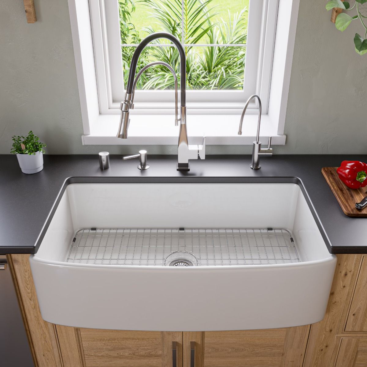 ALFI Brand White Smooth Curved Apron 36" Single Bowl Fireclay Farm Sink ABFC3620S-W product photo from Farmhousekitchenandbath