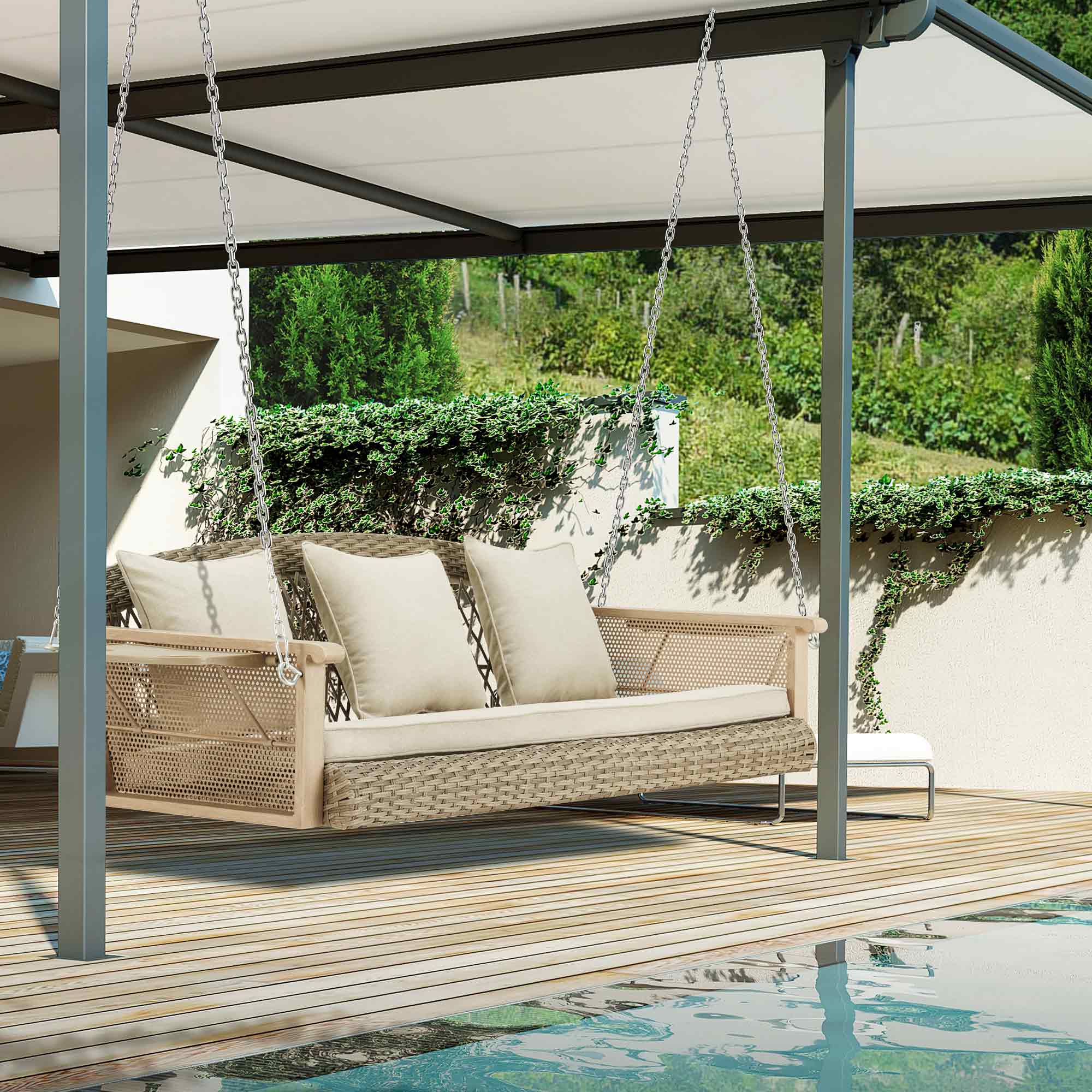 3-Seater Wicker Porch Swing with Cup Holders and Waterproof Cushions for Porch, Poolside, Beige | Homrest Furniture product photo from Homrest - 60% Off (3 Verified) June 2026